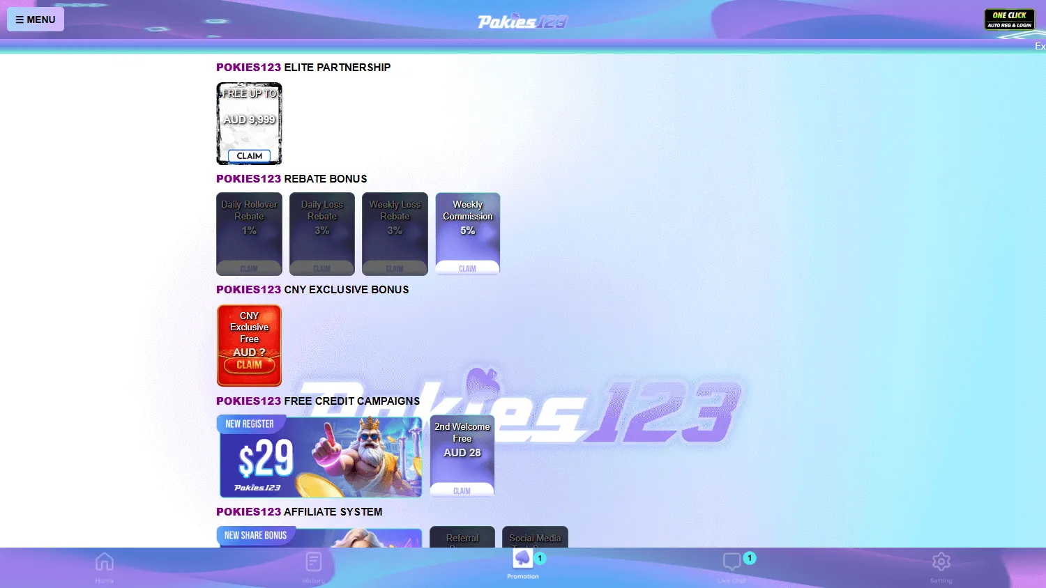 Pokies123 desktop promotions area with welcome and daily rewards