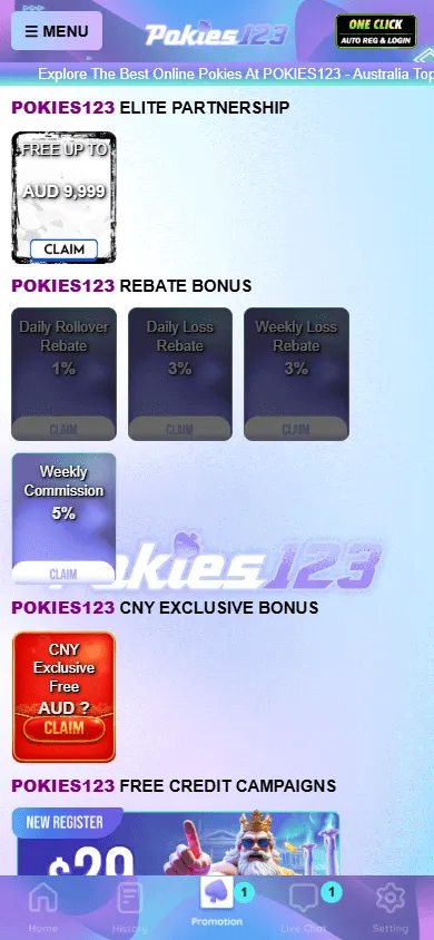 Pokies123 mobile promotions area with bonus and free-spin rewards