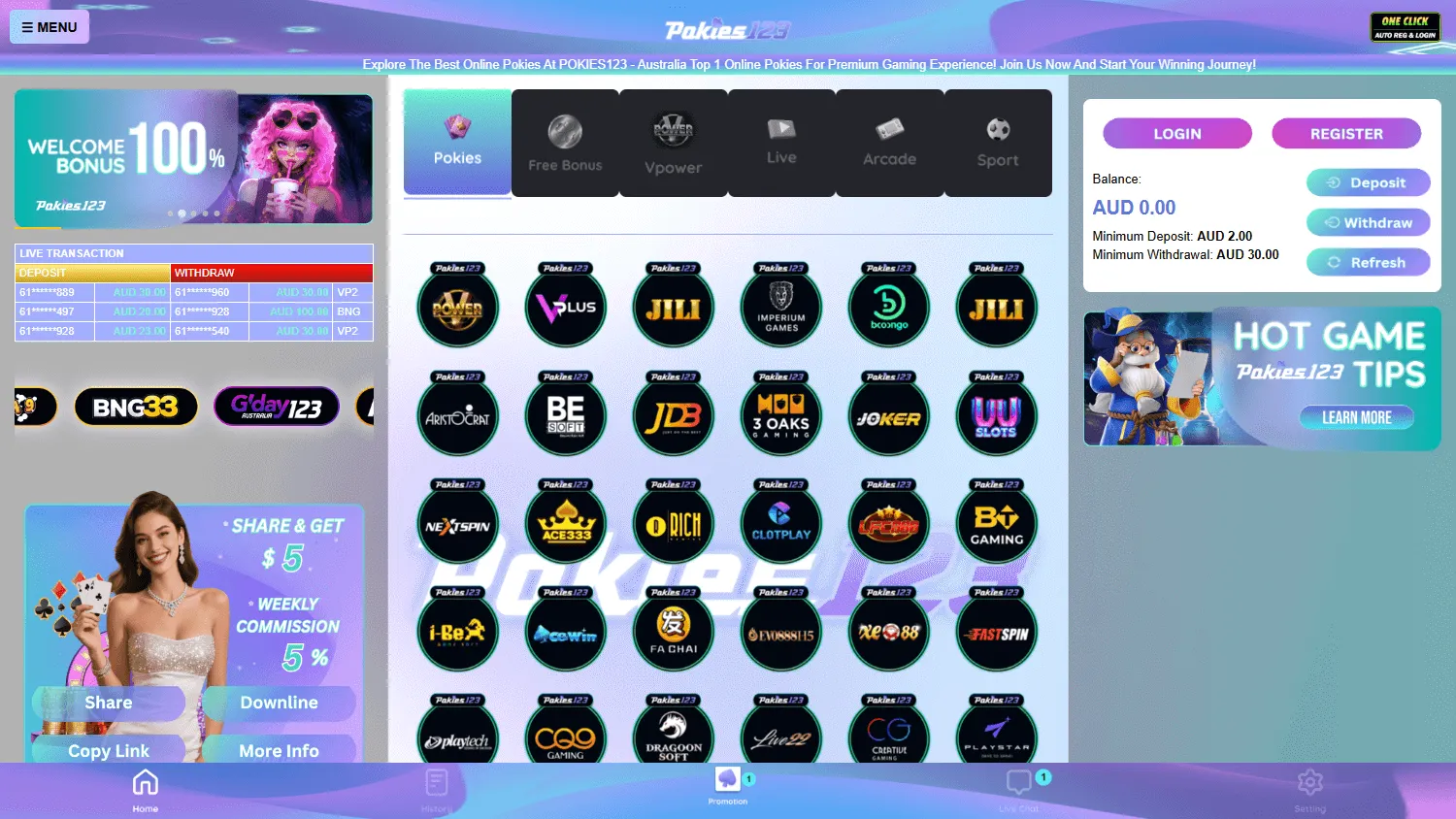Pokies123 desktop home experience with casino and sportsbook access