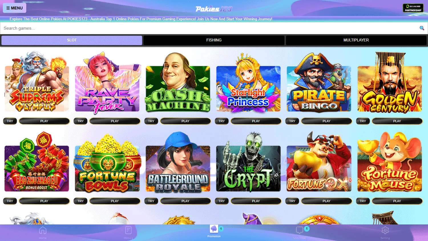 Pokies123 desktop casino collection with pokies and game filters