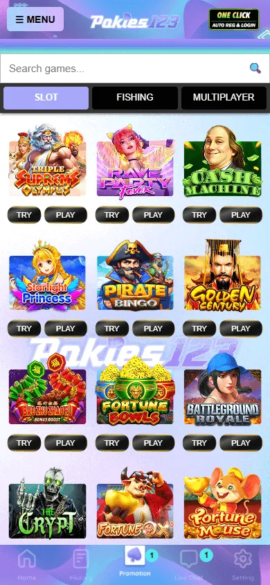 Pokies123 mobile casino collection with game categories and filters